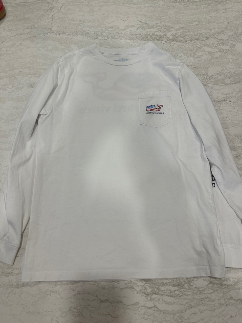 Vineyard Vines White Long-Sleeve Pocket Tee with Flag Whale